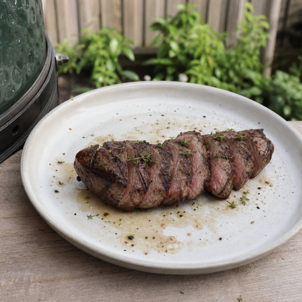Gegrilde lamshaas in plakjes op een wit bord, rosé van binnen