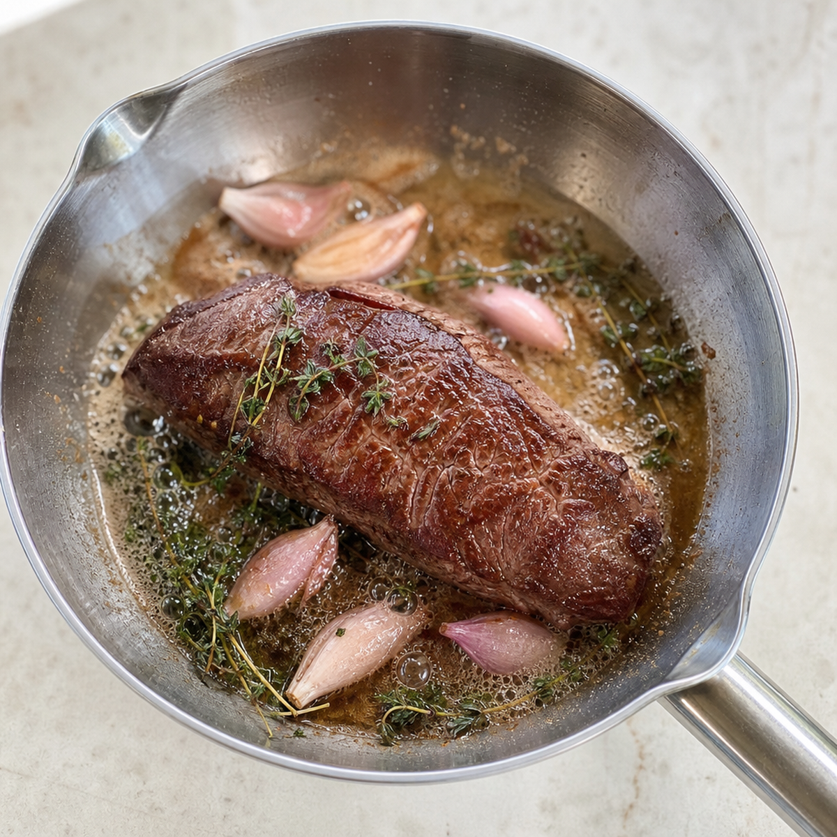 Aangebraden ossenhaas in pan met sjalot, knoflook en kruiden