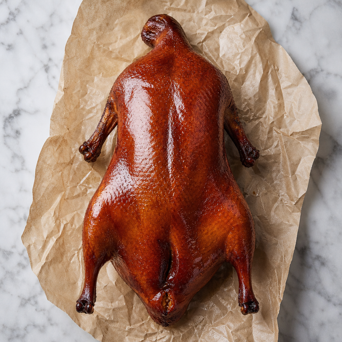 Gegaarde Peking eend met glanzende krokante huid, bovenaanzicht op bakpapier