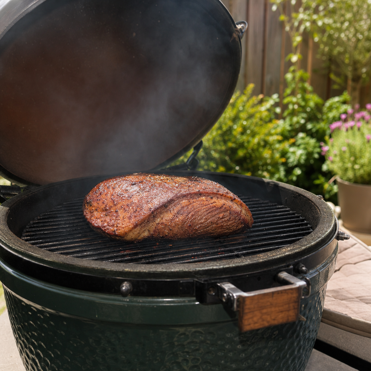 Gegaarde picanha met gekleurde vetkap op de barbecue, in een kamado