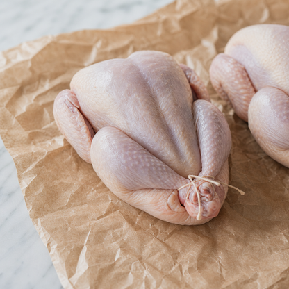 Twee hele piepkuikens op bruin bakpapier, schuin van boven