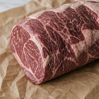 Hele graan gevoerde rib-eye van rundvlees met fijne vetdooradering op kraftpapier