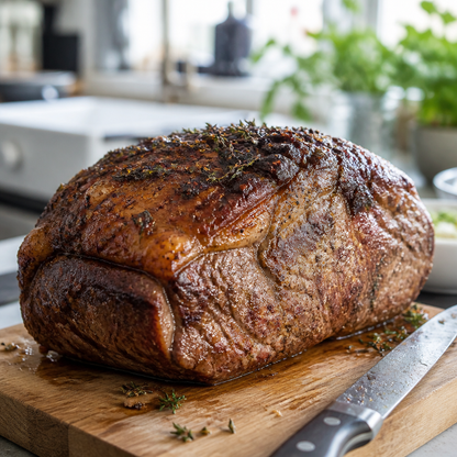 Gegaarde hele rib-eye van rundvlees met kruidenkorst op snijplank