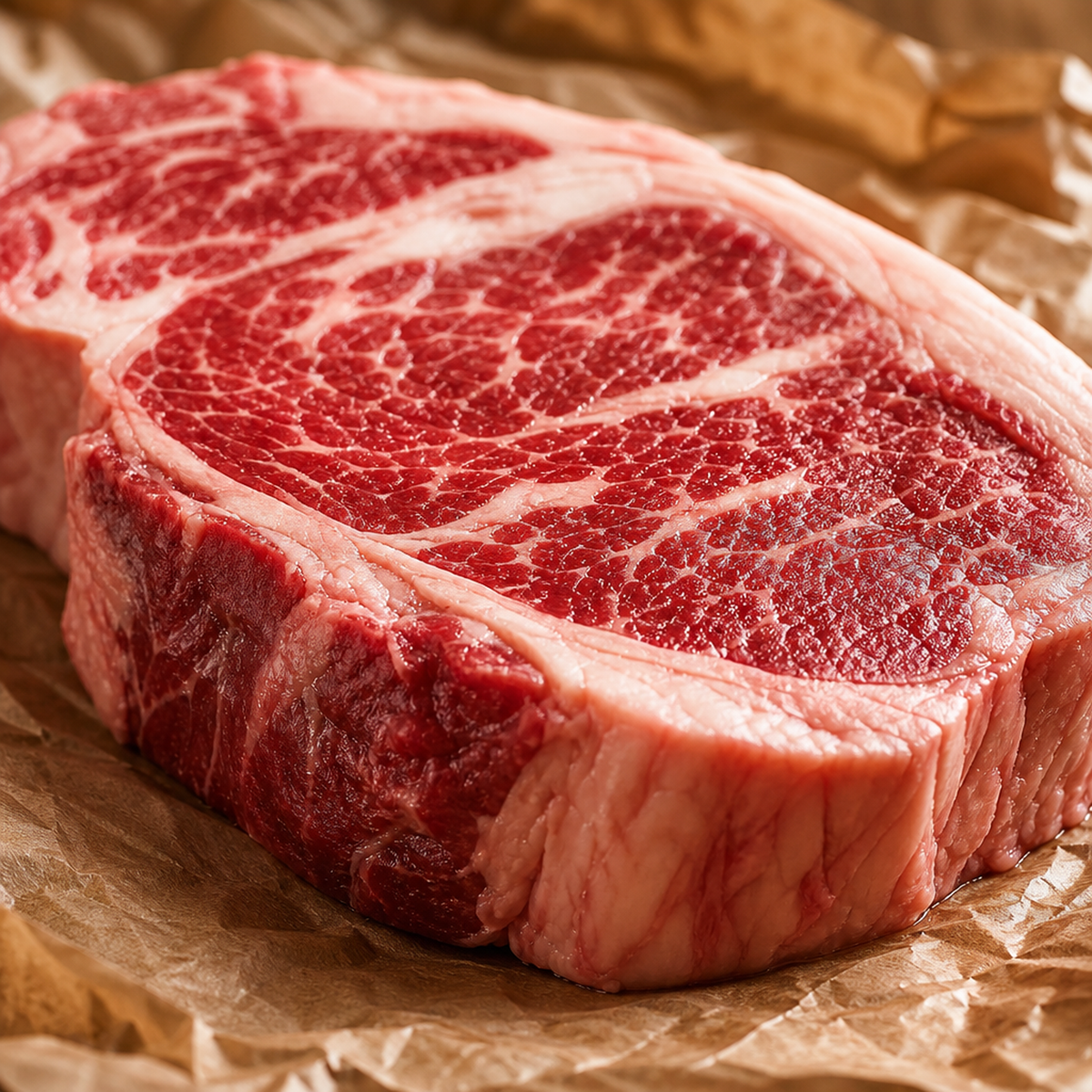 Rib-eye steak met zichtbare vetmarmering op bruin papier, schuin van voren