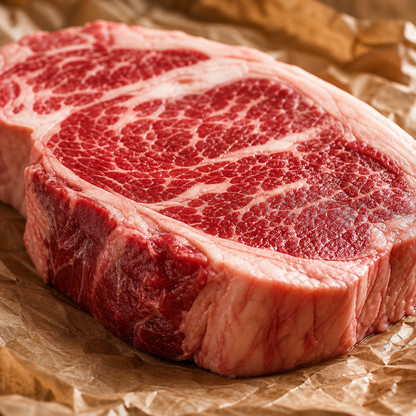Rib-eye steak met zichtbare vetmarmering op bruin papier, schuin van voren
