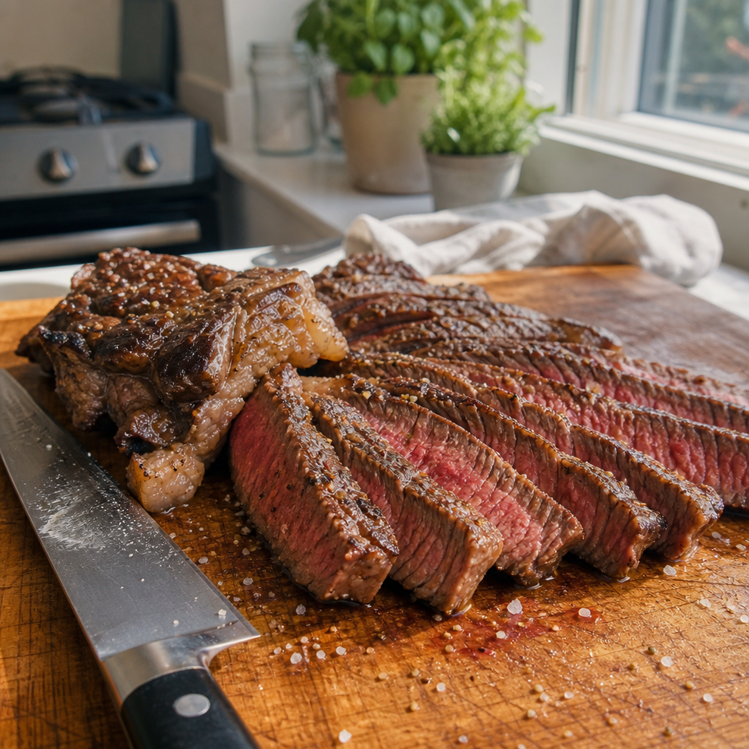 Gesneden rib-eye steak met rosé kern en gesmolten vet op snijplank