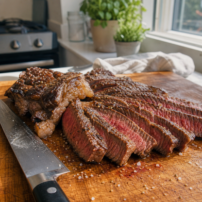 Gesneden rib-eye steak met rosé kern en gesmolten vet op snijplank