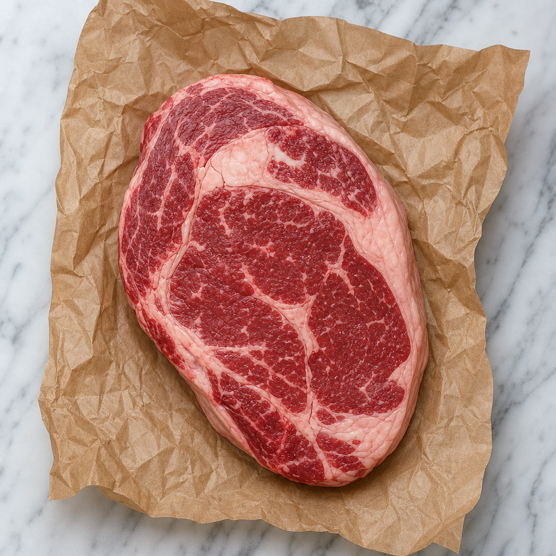 Rib-eye steak met fijne marmering op bruin papier, van boven gezien