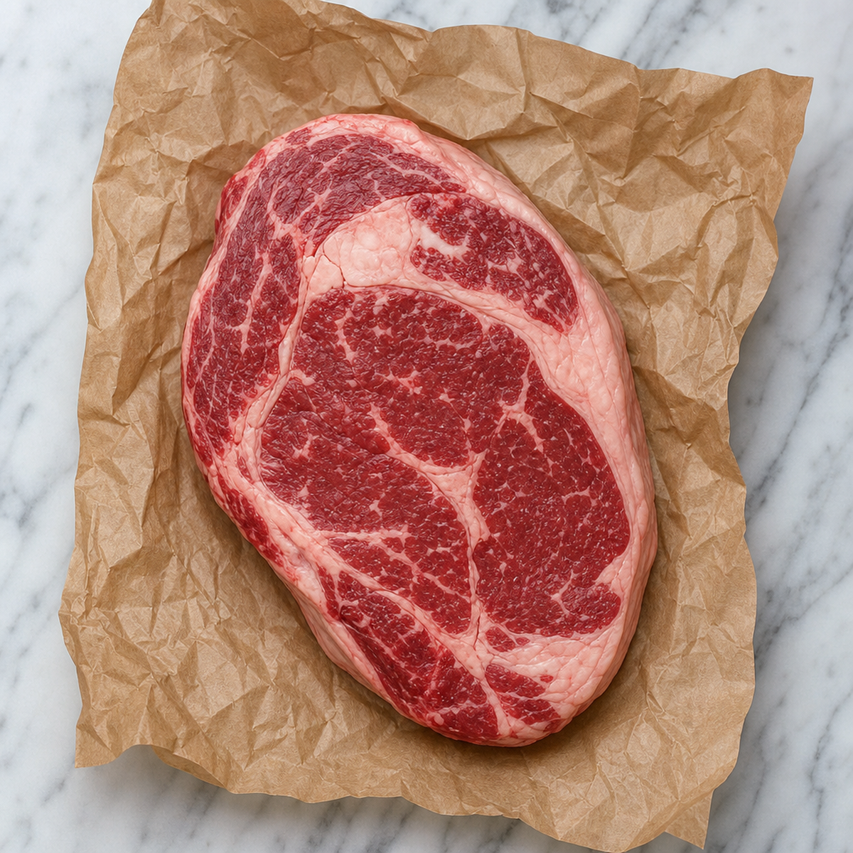 Rib-eye steak met fijne marmering op bruin papier, van boven gezien