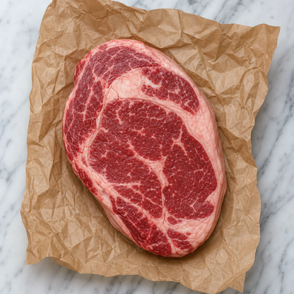 Rib-eye steak met fijne marmering op bruin papier, van boven gezien