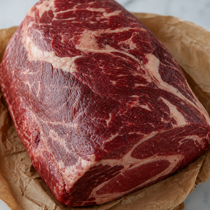 Hele rib-eye op bruin papier, met veel marmering en een dikke vetkap