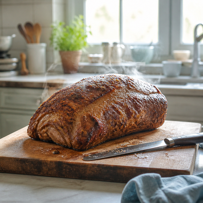 Hele geroosterde rib-eye op snijplank met mes, vers uit de oven