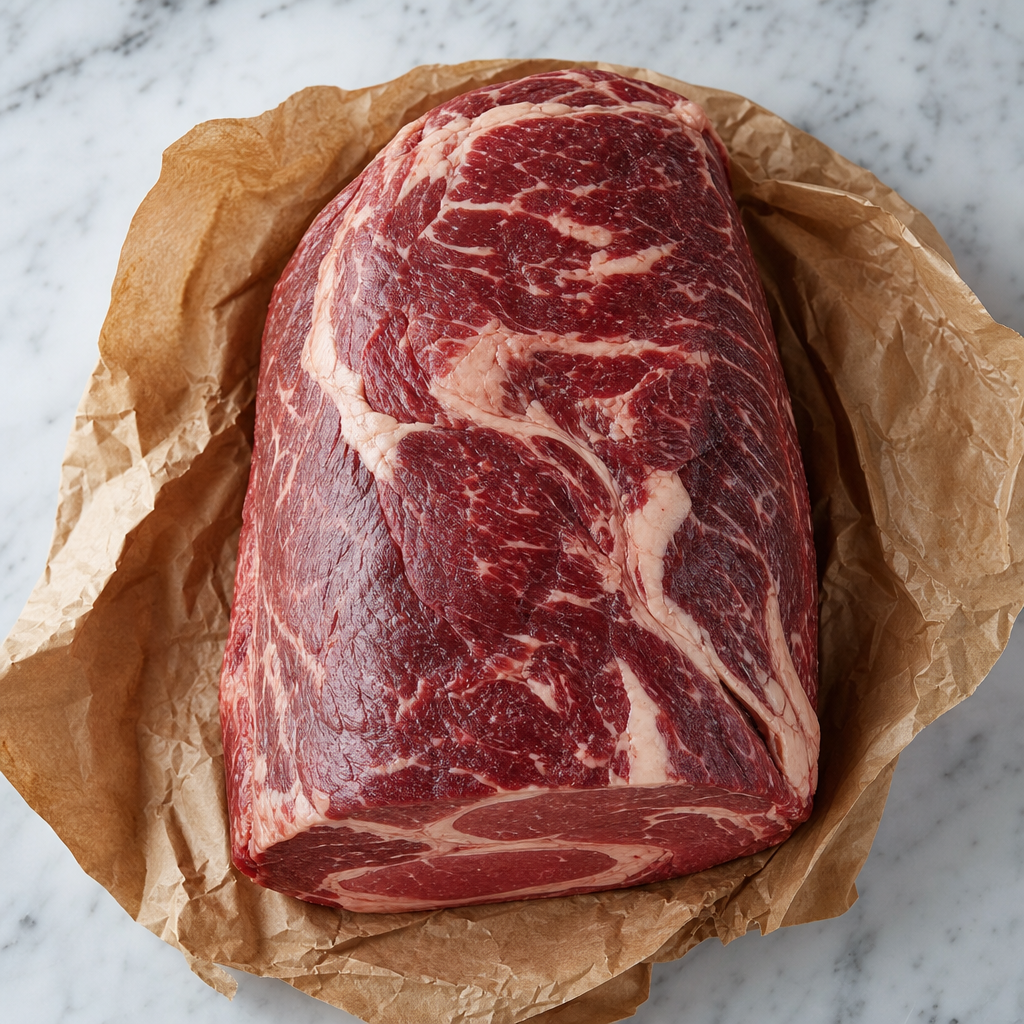 Hele rib-eye met marmering op bruin papier, klaar om zelf te portioneren