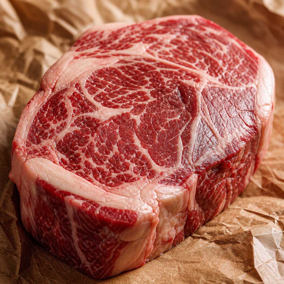 Rauwe rib-eye steak met marmering, schuin van boven op bruin papier