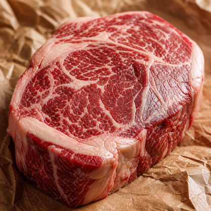 Rauwe rib-eye steak met marmering, schuin van boven op bruin papier