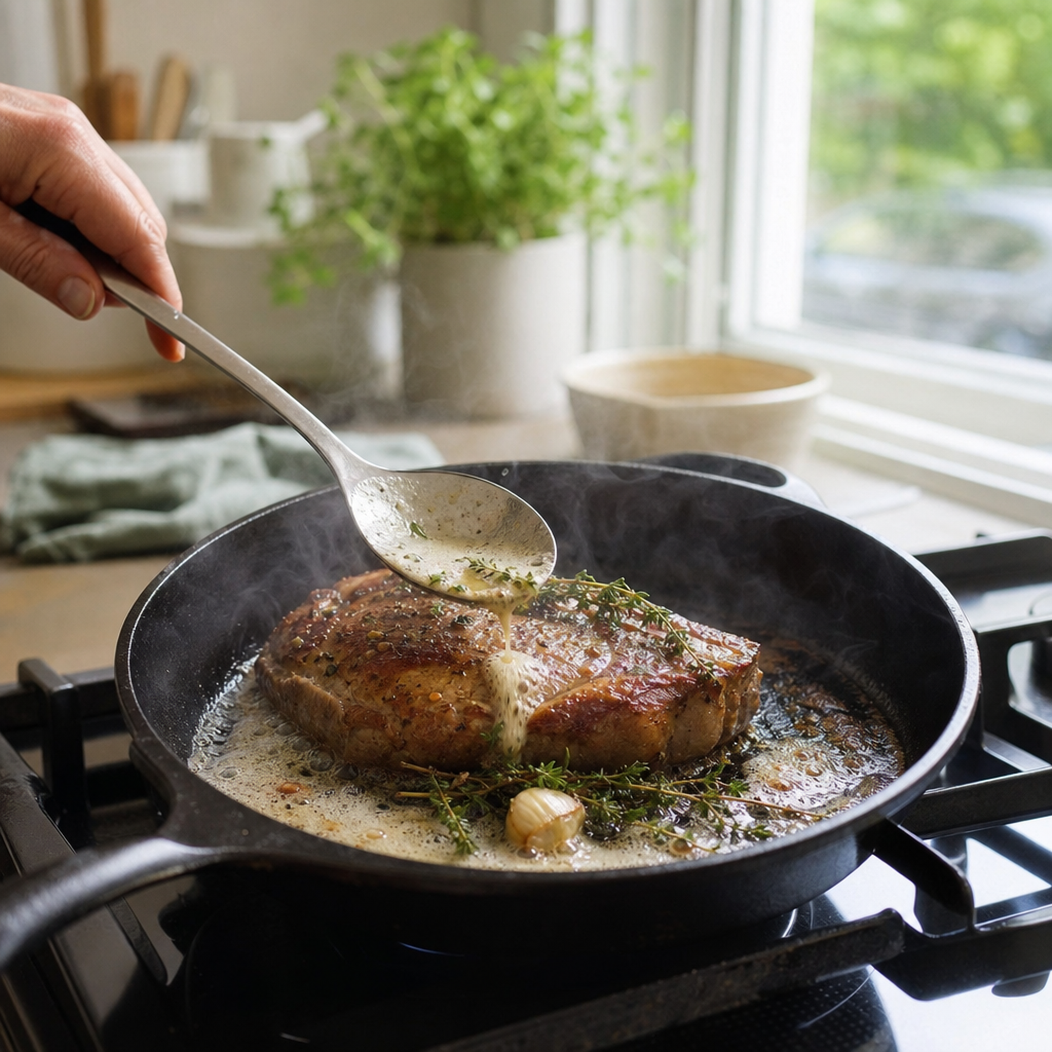Rib-eye steak bruin gebakken in pan met boter, kruiden en knoflook