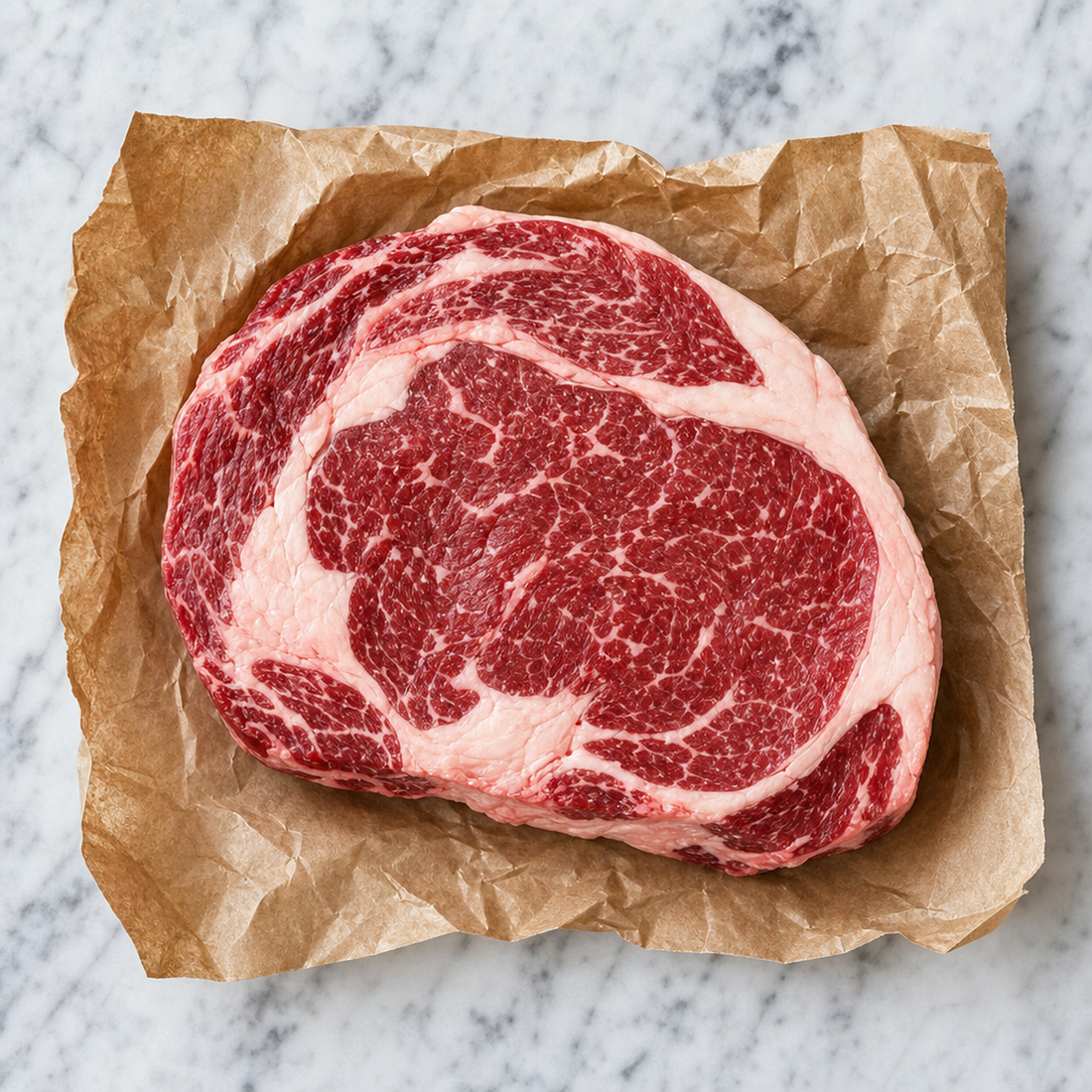 Rauwe rib-eye steak met marmering op bruin papier, van boven gezien