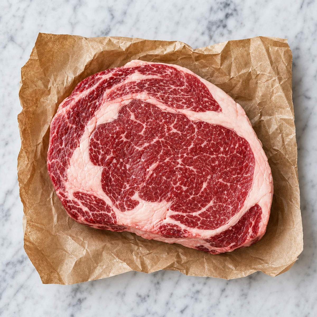 Rauwe rib-eye steak met marmering op bruin papier, van boven gezien