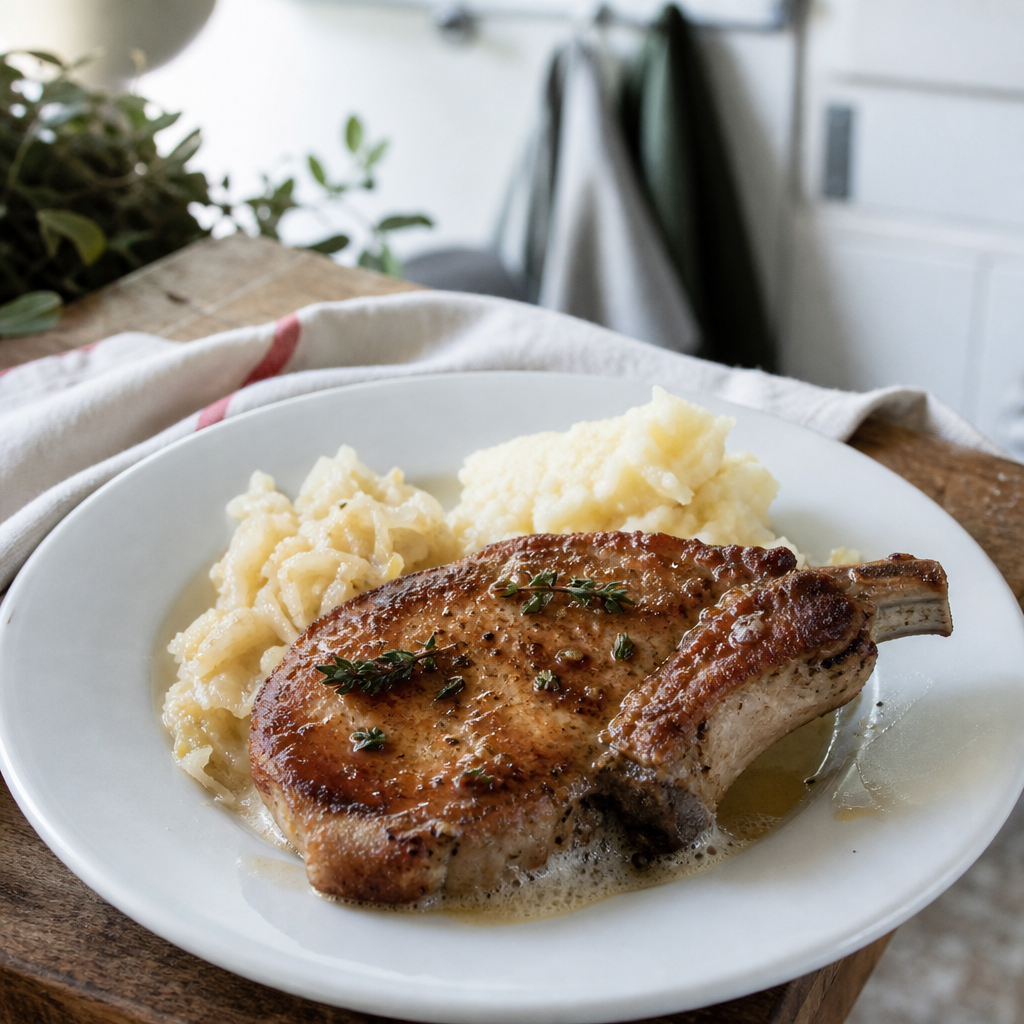 Gebakken ribkarbonade met bot op bord, geserveerd met aardappelpuree