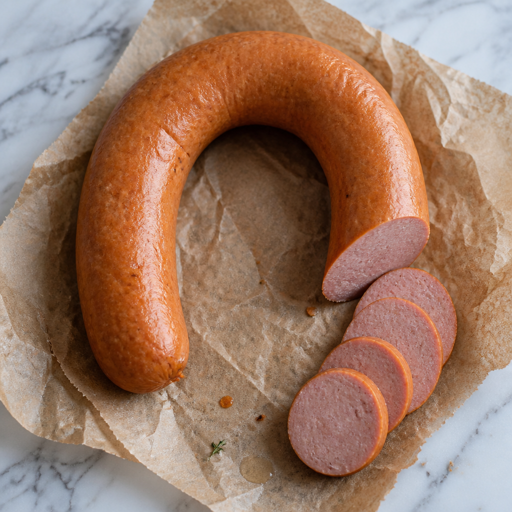 Fijne rookworst in ringvorm, deels aangesneden met enkele plakjes op papier
