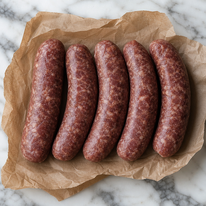 Vijf runder saucijzen op bakpapier, rauw en naast elkaar op een marmeren ondergrond