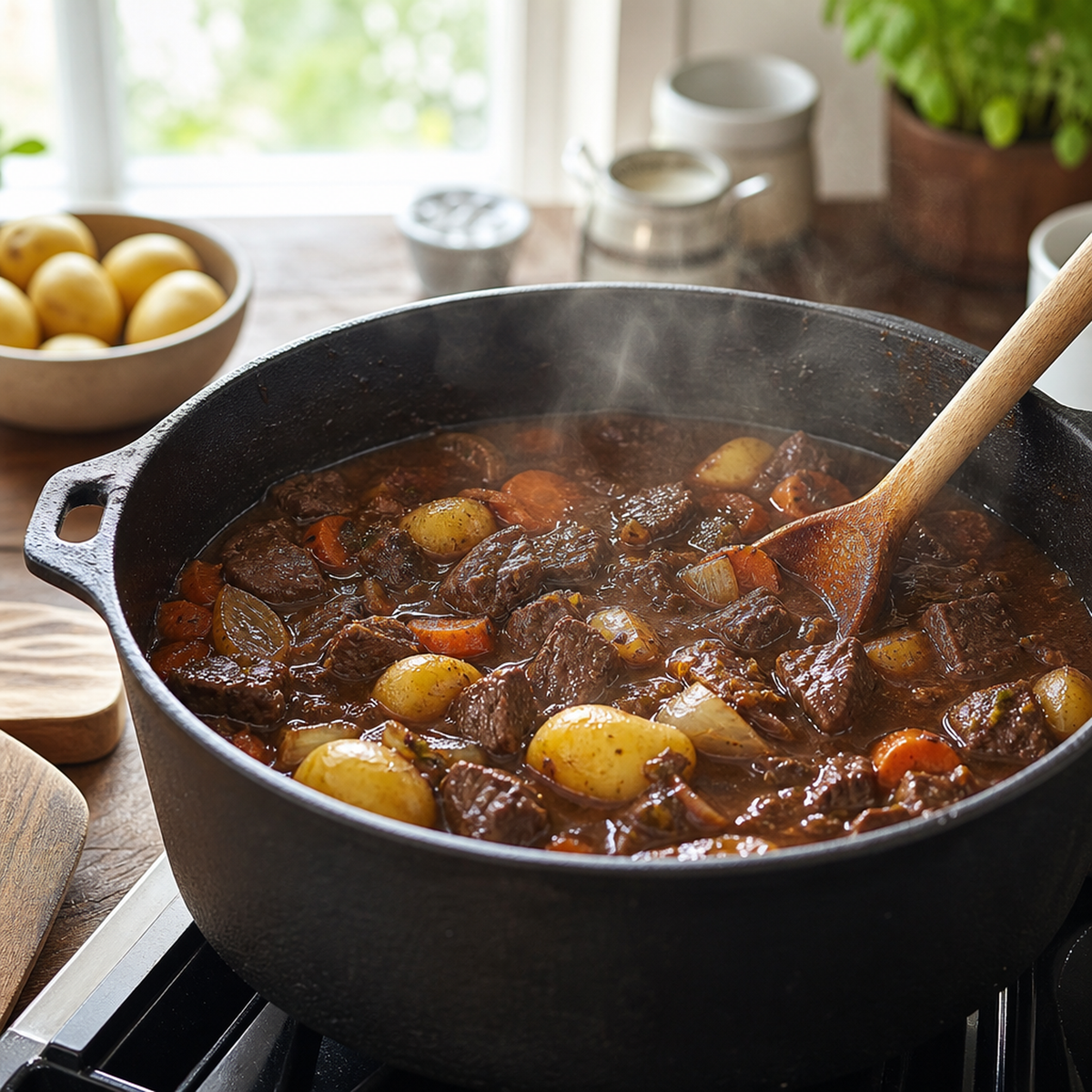 Gegaarde runderstoof met aardappeltjes en wortel in een pan op het fornuis