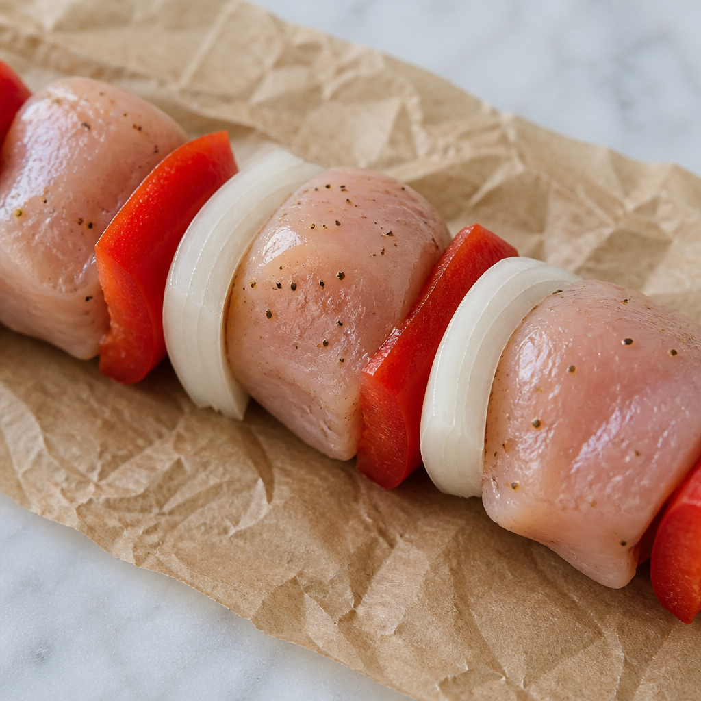 Rauwe shaslickspies met stukken vlees, ui en rode paprika op bakpapier