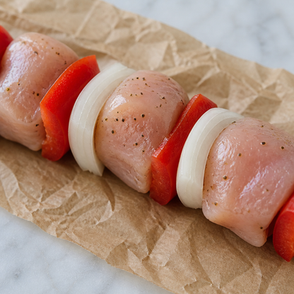 Rauwe shaslickspies met stukken vlees, ui en rode paprika op bakpapier