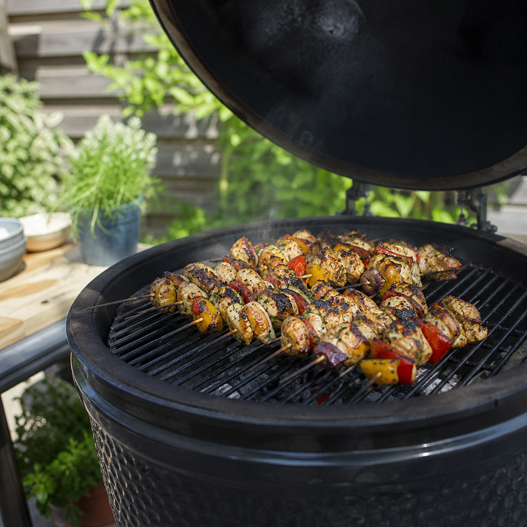 Gegrilde shaslickspiesjes met vlees, paprika en ui op de barbecue