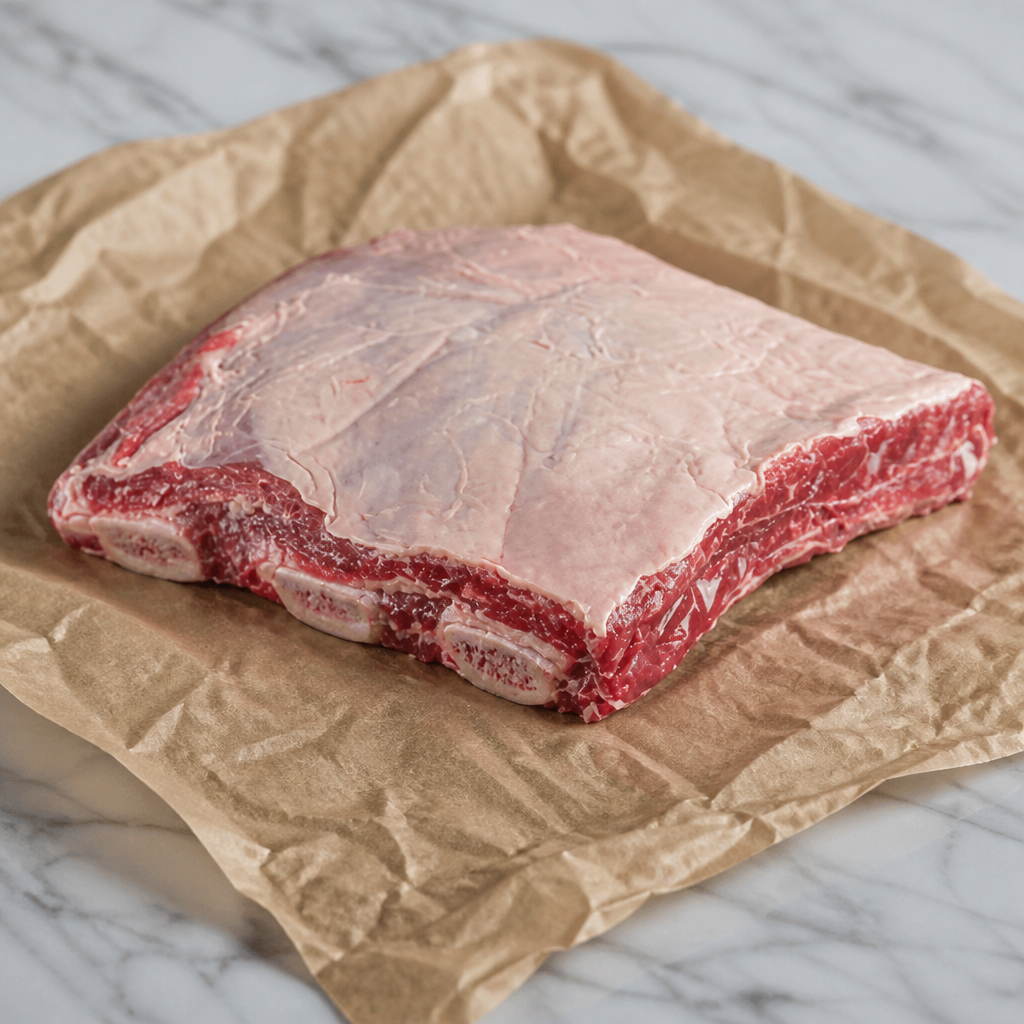 Rauwe Schotse short rib met bot, op bruin papier op een licht marmeren ondergrond