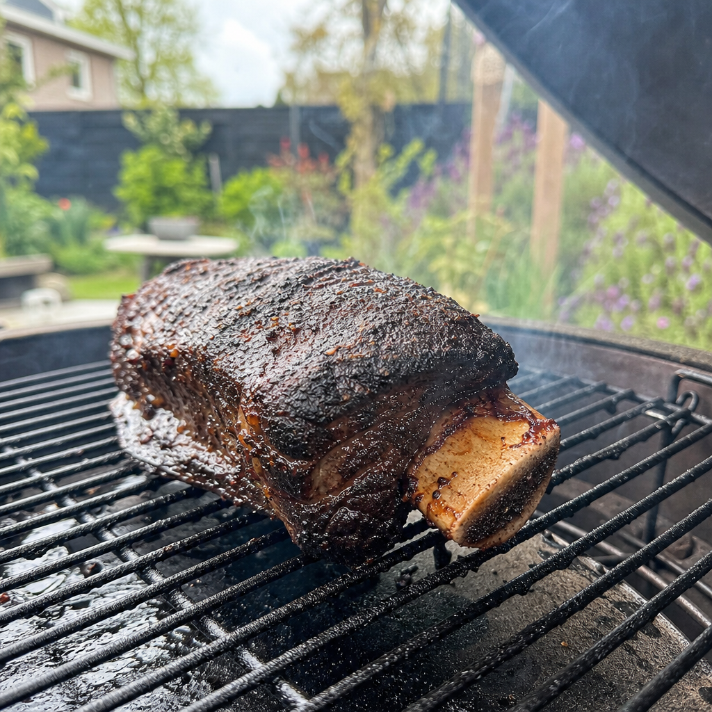 Gegaarde Schotse short rib met bot op de barbecue, met rokerige bark