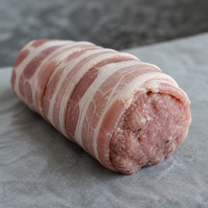 Rauwe slavink omwikkeld met spek, liggend op bakpapier