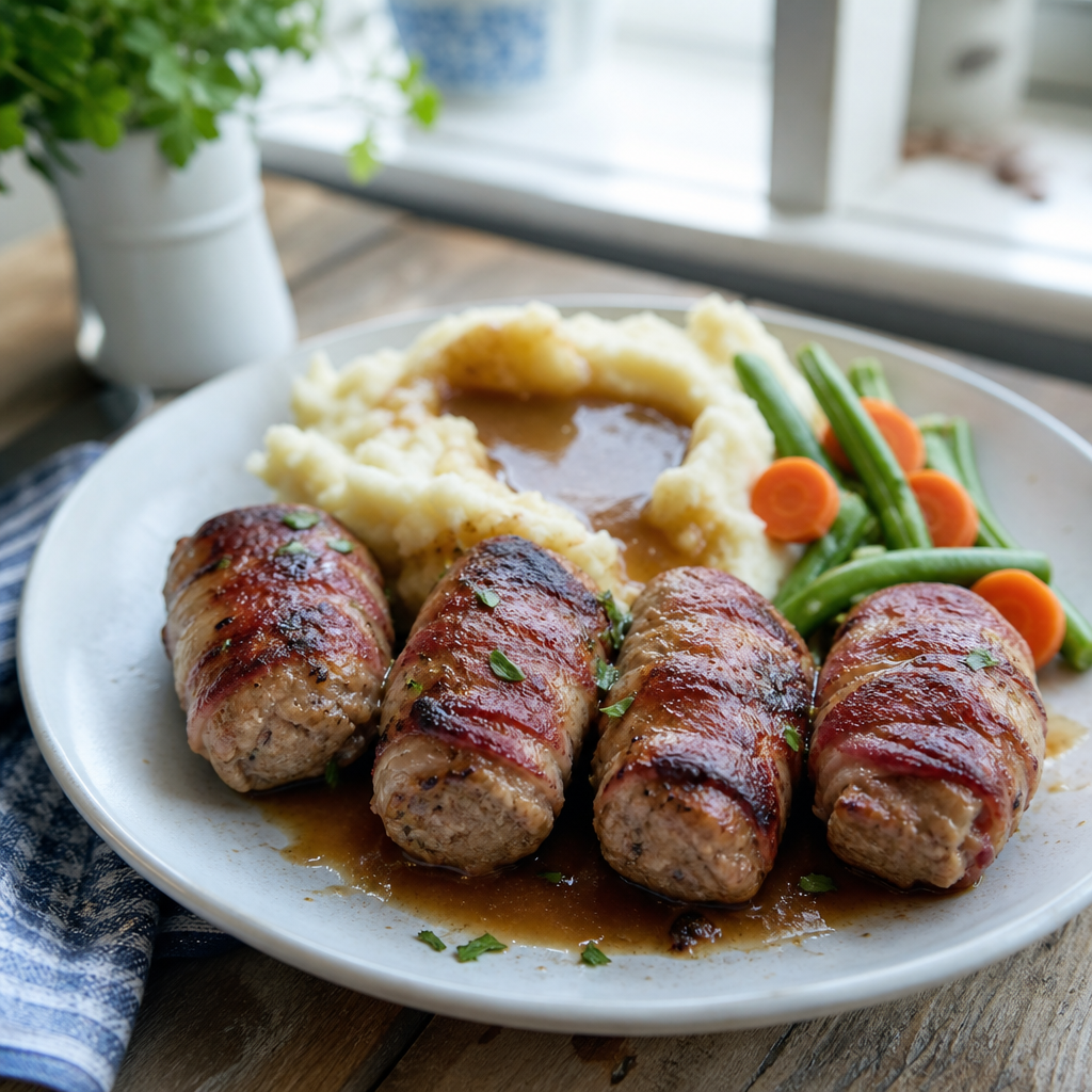 Vier gebakken slavinken met spek, geserveerd met aardappelpuree, groente en jus op een bord