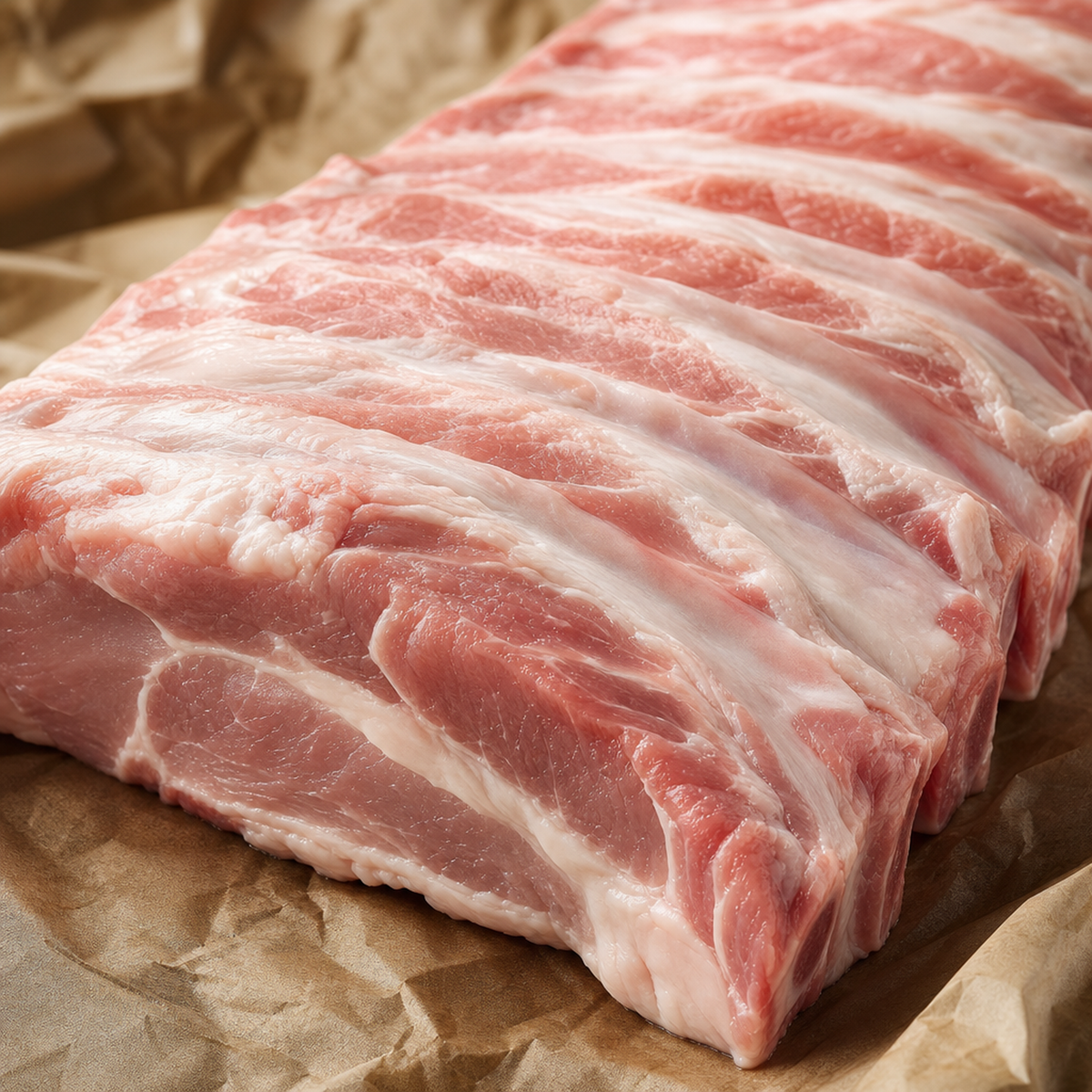 Dikbevleesde spareribs op bruin papier, schuin van voren