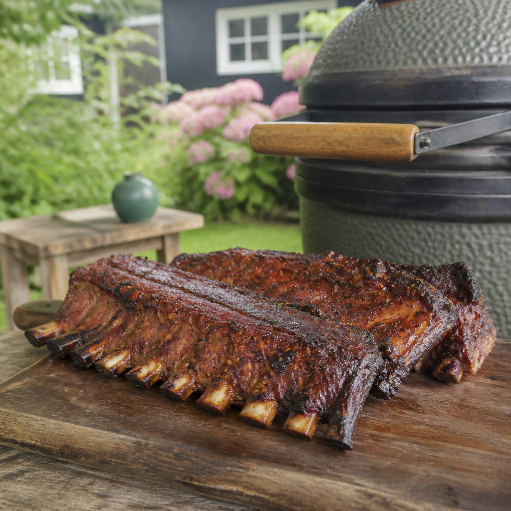 Geglaceerde dikbevleesde spareribs op een houten plank, naast een barbecue