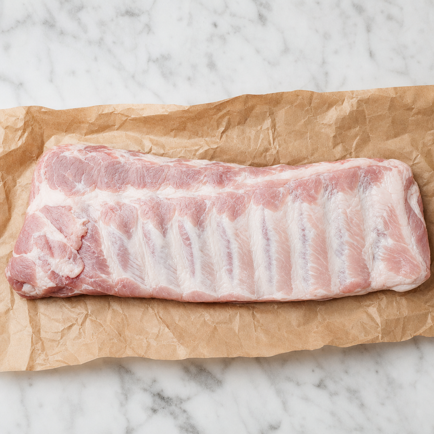 Rauwe dikbevleesde spareribs op bakpapier, van boven gezien