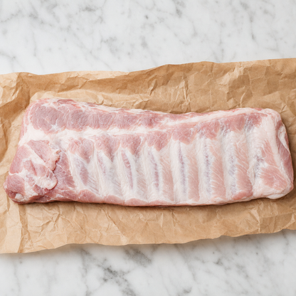 Rauwe dikbevleesde spareribs op bakpapier, van boven gezien