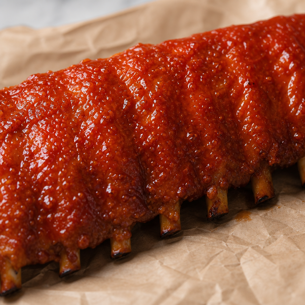 Gegaarde spareribs met pittige pirri pirri glazuur, close-up op bakpapier