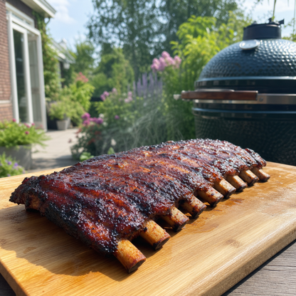 Gegaarde spareribs met pittige pirri pirri glans op een houten snijplank bij de barbecue