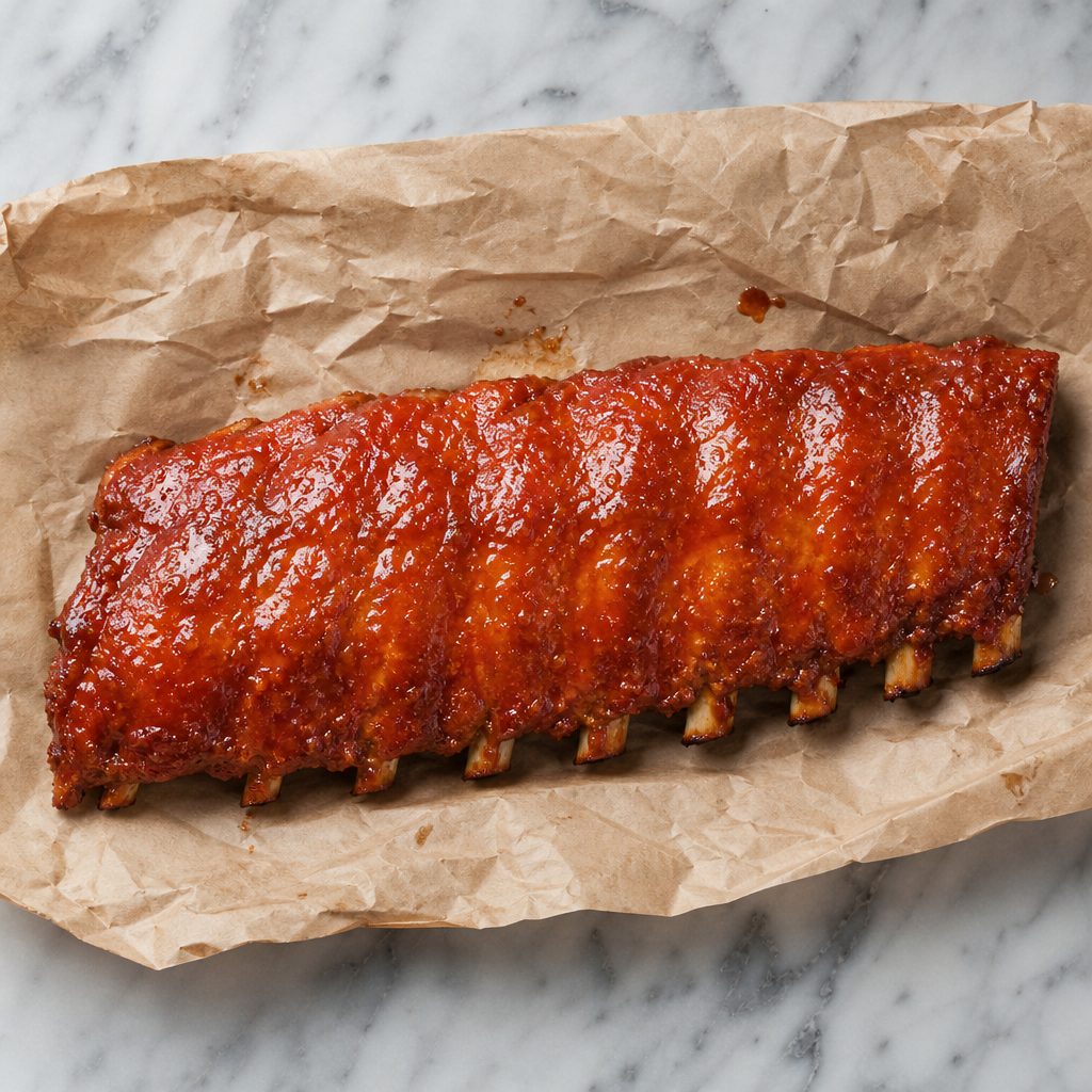 Gegaarde spareribs met pirri pirri saus, liggend op bakpapier