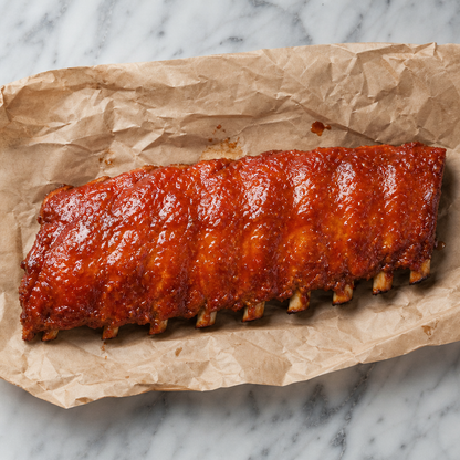 Gegaarde spareribs met pirri pirri saus, liggend op bakpapier