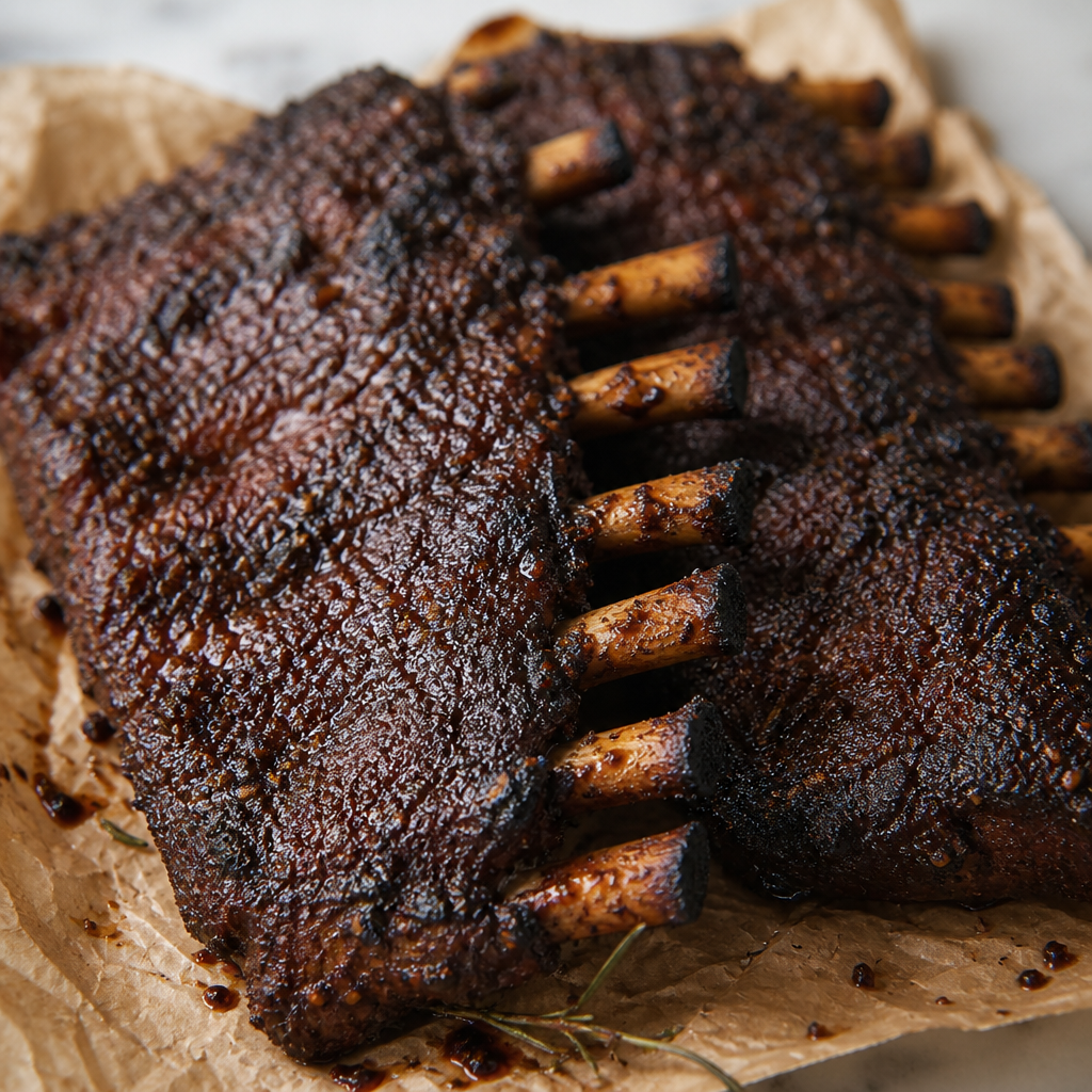 Tweezijdig geroosterde indisch gegaarde spareribs met donkere kruidige lak op bakpapier