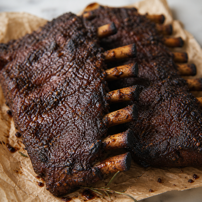 Tweezijdig geroosterde indisch gegaarde spareribs met donkere kruidige lak op bakpapier