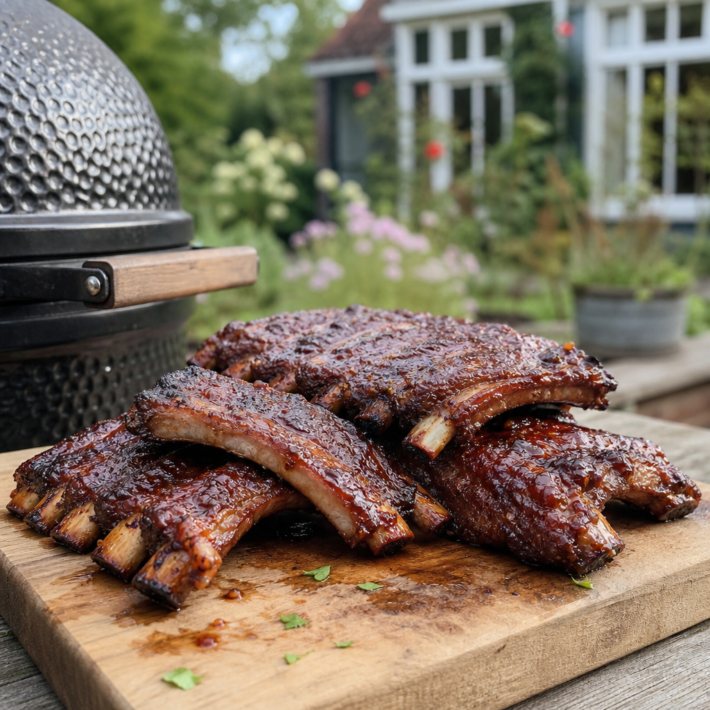Indisch gegaarde spareribs met glanzende kruidige lak op houten plank bij de BBQ
