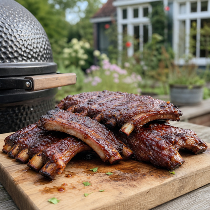 Indisch gegaarde spareribs met glanzende kruidige lak op houten plank bij de BBQ