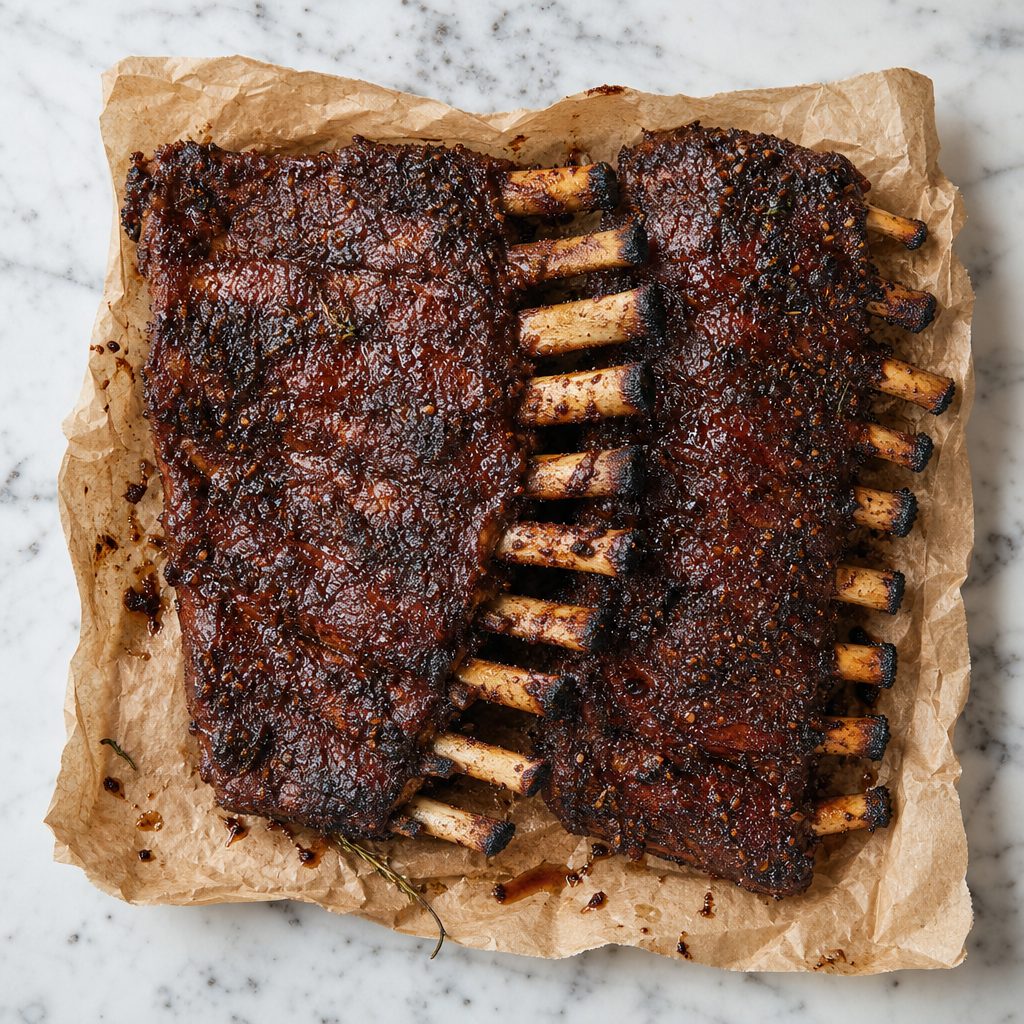 Indisch gegaarde spareribs met glanzende kruidige lak op bakpapier