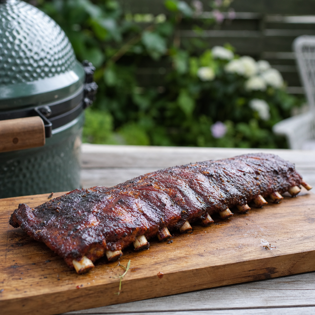 Gegaarde spareribs met glanzende saus op een houten plank, schuin van voren