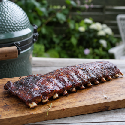 Gegaarde spareribs met glanzende saus op een houten plank, schuin van voren
