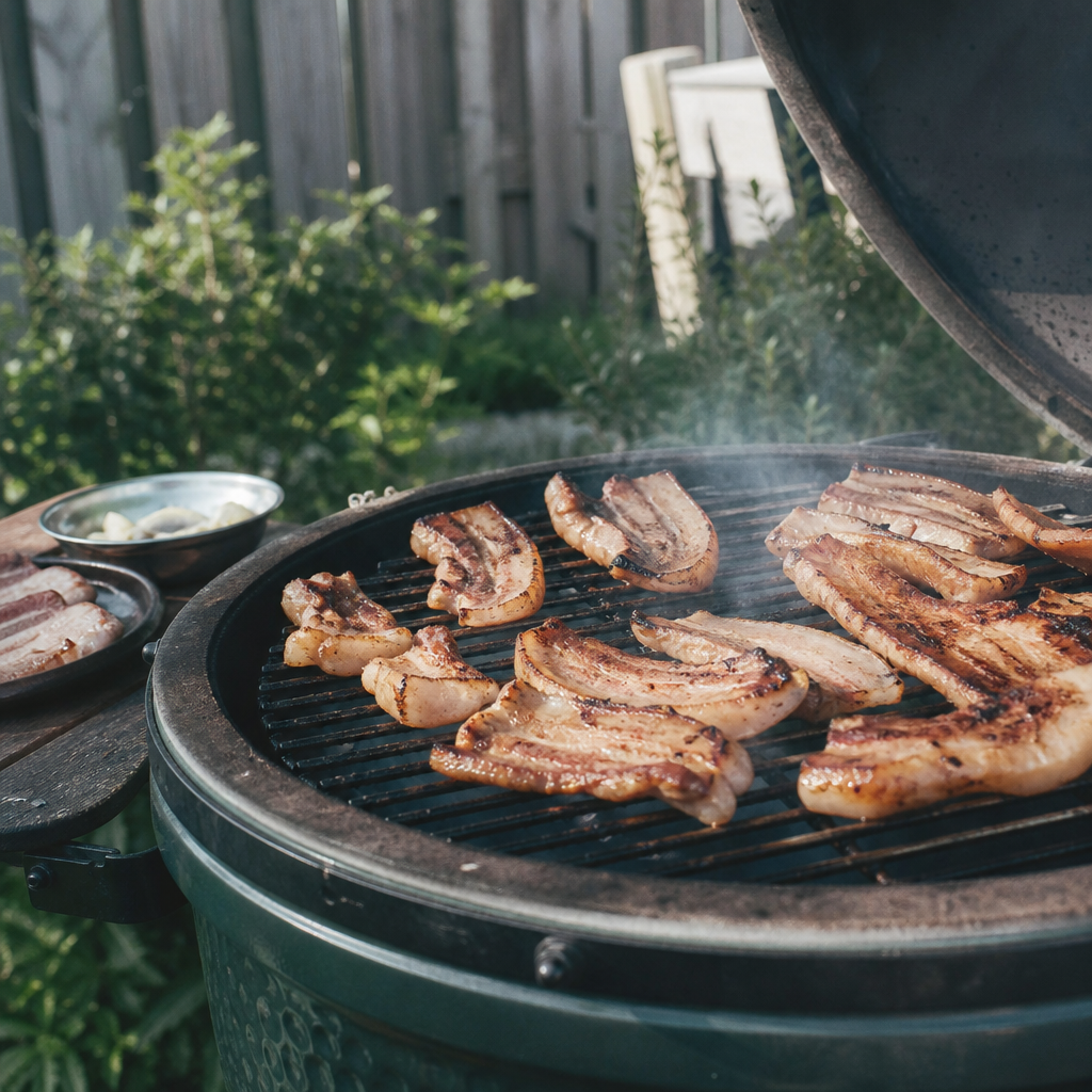 Gekruide speklappen op de barbecue, licht gekleurd met zichtbare vetlaag