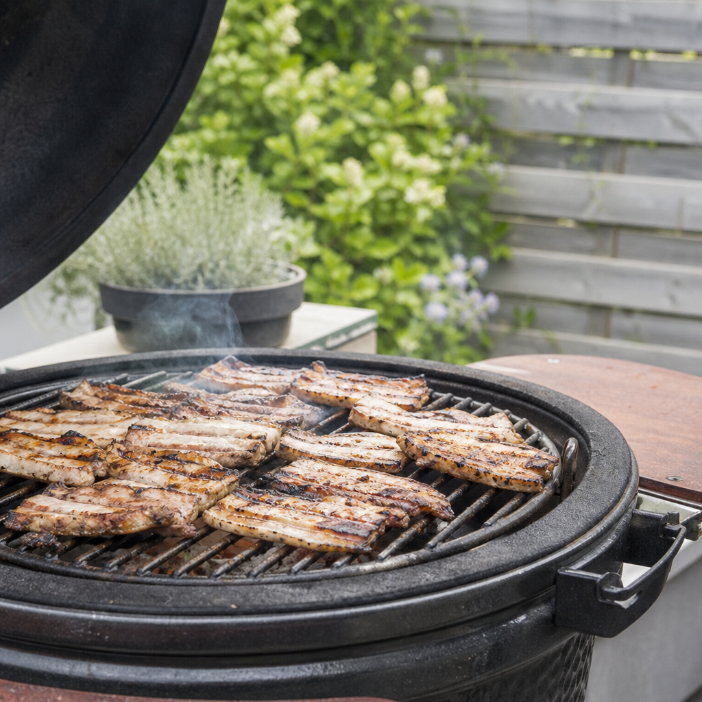 Speklappen naturel op de barbecue, licht gegrild en met bruine grillstrepen